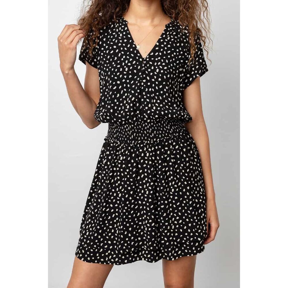 Rails Karla Dress Black Ivory Spots Mini Sz XS Smocked Chic Sexy LBD Fun‎ Flirty